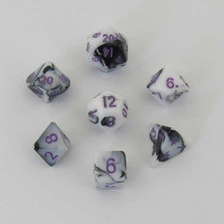 MET41037 Black and White Marble Colored Poly Dice Purple Numbers 10mm 7-Dice Set (ONLINE ORDER ONLY)