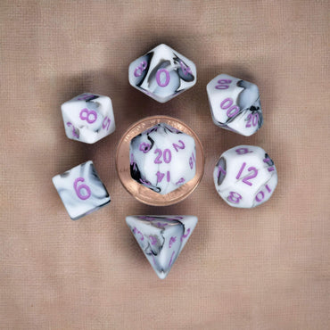 MET41037 Black and White Marble Colored Poly Dice Purple Numbers 10mm 7-Dice Set (ONLINE ORDER ONLY)