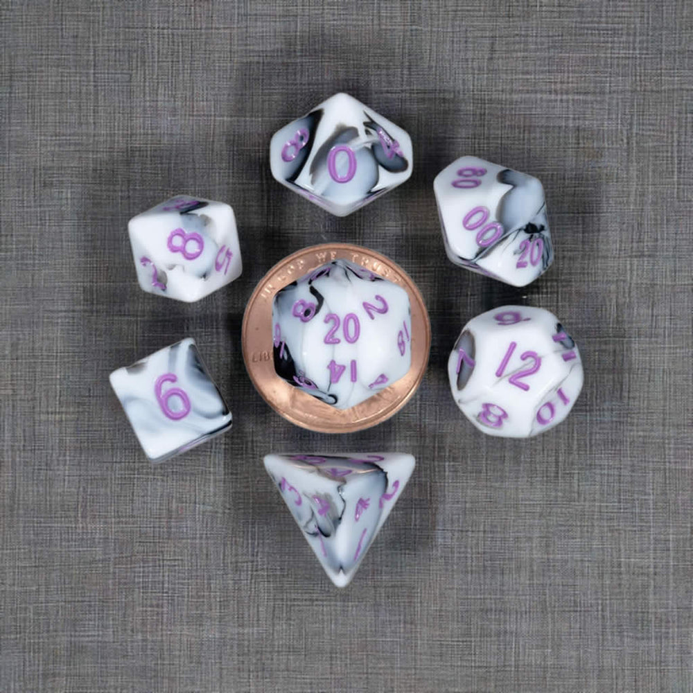 MET41037 Black and White Marble Colored Poly Dice Purple Numbers 10mm 7-Dice Set (ONLINE ORDER ONLY)