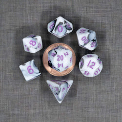MET41037 Black and White Marble Colored Poly Dice Purple Numbers 10mm 7-Dice Set (ONLINE ORDER ONLY)