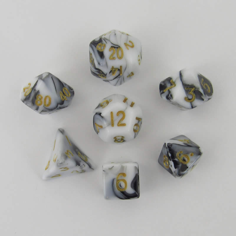 MET41038 Black and White Marble Colored Poly Dice Gold Numbers 10mm 7-Dice Set (ONLINE ORDER ONLY)