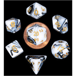 MET41038 Black and White Marble Colored Poly Dice Gold Numbers 10mm 7-Dice Set (ONLINE ORDER ONLY)