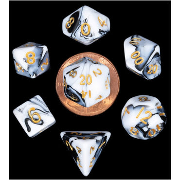 MET41038 Black and White Marble Colored Poly Dice Gold Numbers 10mm 7-Dice Set (ONLINE ORDER ONLY)