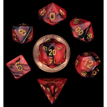 MET4113 Red and Black Poly Dice Gold Numbers 10mm (3/8in) 7-Dice Set (ONLINE ORDER ONLY)