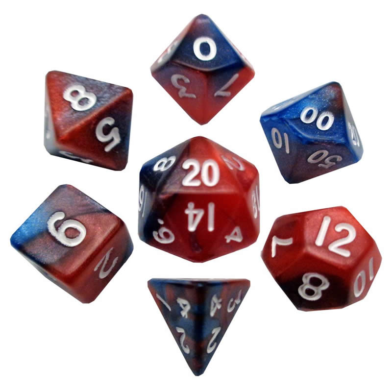 MET412 Red and Blue Poly Dice White Numbers 10mm (3/8in) 7-Dice Set (ONLINE ORDER ONLY)
