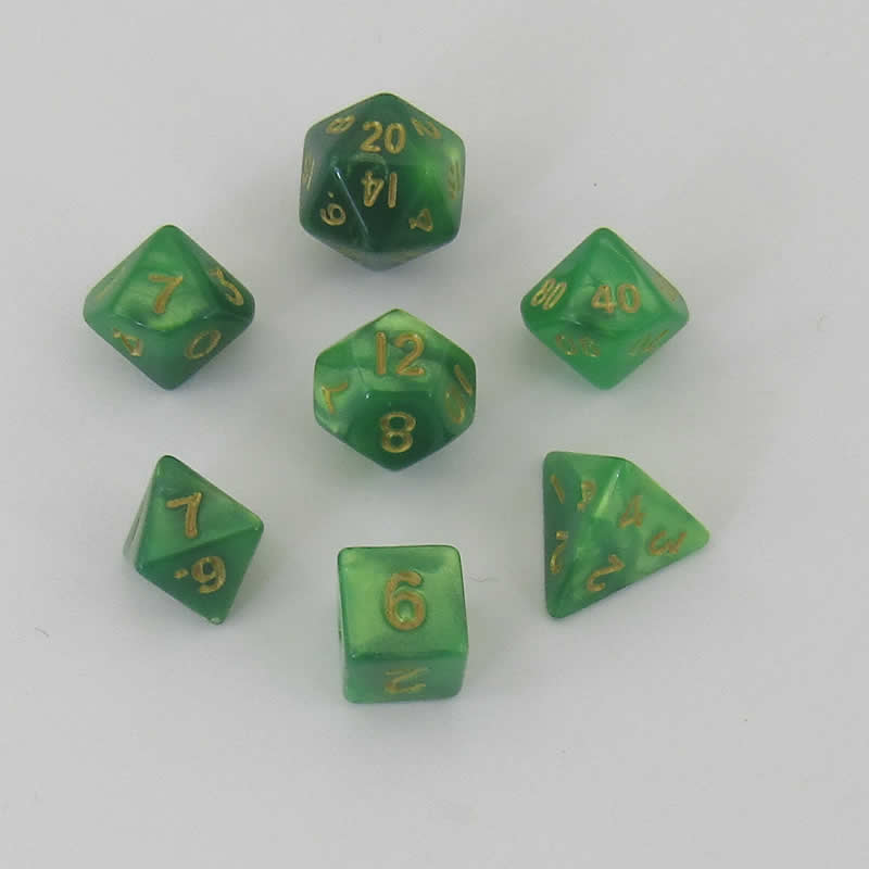 MET4155 Green and Light Green Poly Dice Gold Numbers 10mm (3/8in) 7-Dice Set (ONLINE ORDER ONLY)