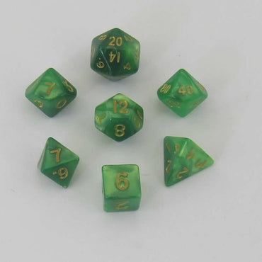 MET4155 Green and Light Green Poly Dice Gold Numbers 10mm (3/8in) 7-Dice Set (ONLINE ORDER ONLY)