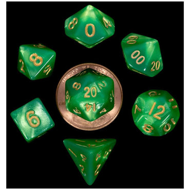 MET4155 Green and Light Green Poly Dice Gold Numbers 10mm (3/8in) 7-Dice Set (ONLINE ORDER ONLY)