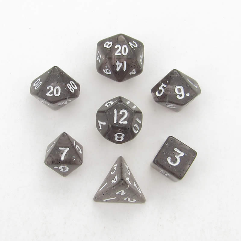 MET4203 Black Ethereal Resin Dice White Numbers 10mm (3/8in) 7-Dice Set (ONLINE ORDER ONLY)