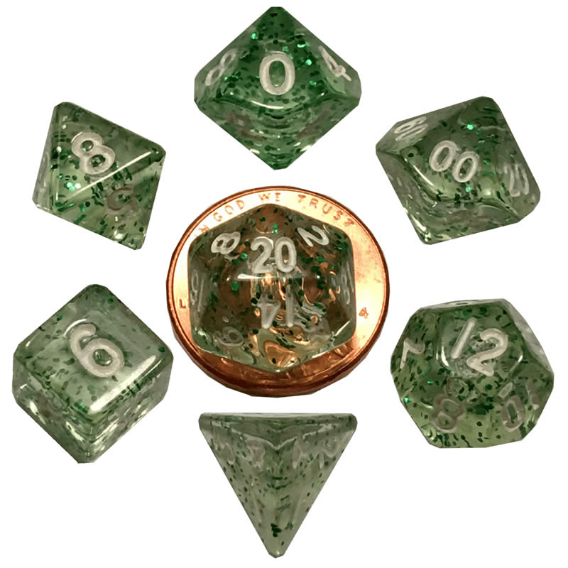 MET4205 Green Ethereal Resin Dice White Numbers 10mm (3/8in) 7-Dice Set (ONLINE ORDER ONLY)