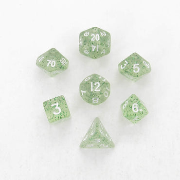 MET4205 Green Ethereal Resin Dice White Numbers 10mm (3/8in) 7-Dice Set (ONLINE ORDER ONLY)