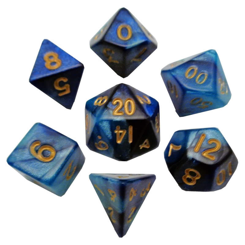 MET422 Blue Light Blue Resin Dice Gold Numbers 10mm (3/8in) 7-Dice Set (ONLINE ORDER ONLY)
