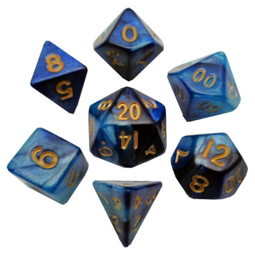 MET422 Blue Light Blue Resin Dice Gold Numbers 10mm (3/8in) 7-Dice Set (ONLINE ORDER ONLY)