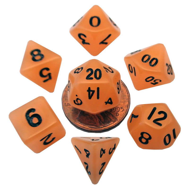 MET4304 Orange Glow In The Dark Dice Black Numbers 10mm 7-Dice Set (ONLINE ORDER ONLY)