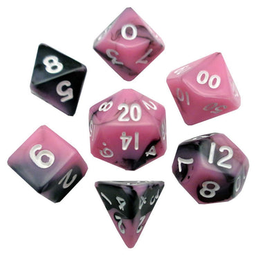 MET473 Pink Black Resin Dice White Numbers 10mm (3/8in) 7-Dice Set (ONLINE ORDER ONLY)