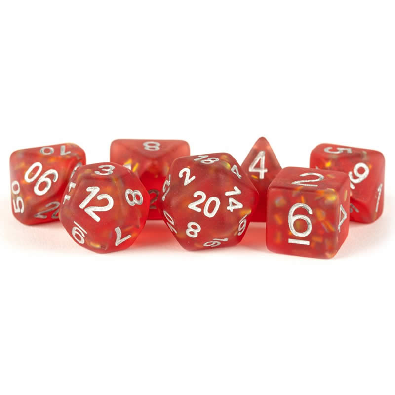 MET605 Red Icy Opal Resin with Silver Numbers 16mm (5/8in) 7 Dice Set (ONLINE ORDER ONLY)