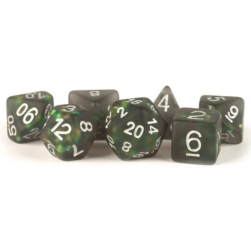 MET606 Black Icy Opal Resin with Silver Numbers 16mm (5/8in) 7 Dice Set (ONLINE ORDER ONLY)