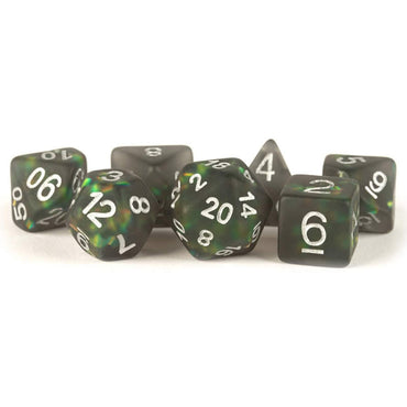MET606 Black Icy Opal Resin with Silver Numbers 16mm (5/8in) 7 Dice Set (ONLINE ORDER ONLY)