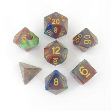 MET611 Red Pearl Swirl With Gold Numbers 16mm (5/8in) Acrylic 7 Dice Set (ONLINE ORDER ONLY)