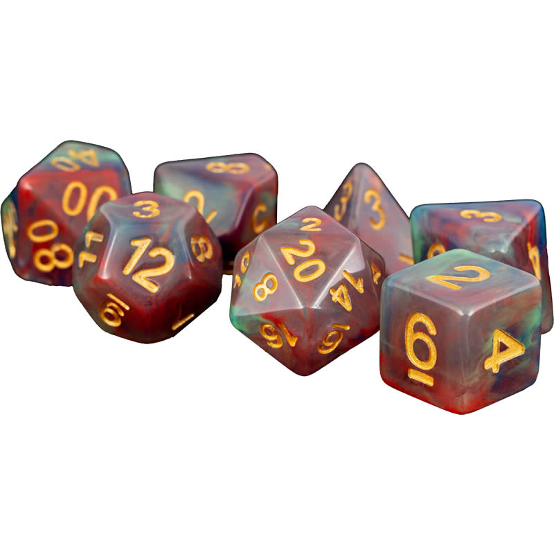 MET611 Red Pearl Swirl With Gold Numbers 16mm (5/8in) Acrylic 7 Dice Set (ONLINE ORDER ONLY)