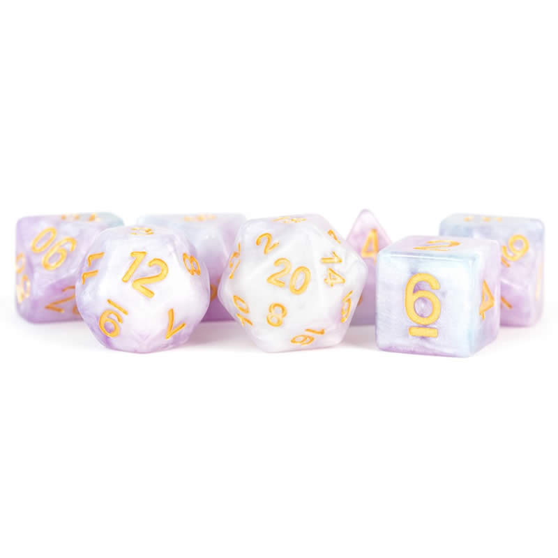 MET612 Lavender Dice with Yellow Numbers 16mm (5/8in) Acrylic 7 Dice Set (ONLINE ORDER ONLY)