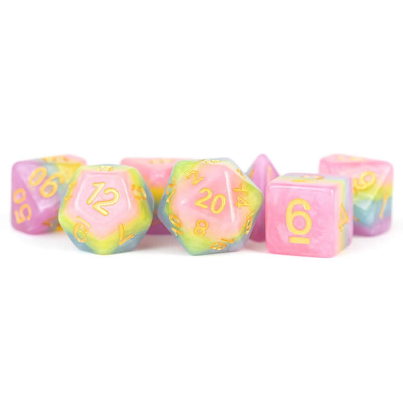 MET613 Pastel Fairy Dice with Yellow Numbers 16mm (5/8in) Acrylic 7 Dice Set (ONLINE ORDER ONLY)