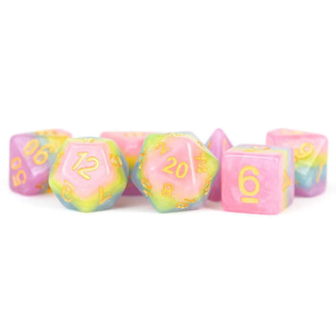 MET613 Pastel Fairy Dice with Yellow Numbers 16mm (5/8in) Acrylic 7 Dice Set (ONLINE ORDER ONLY)