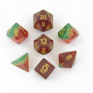 MET615 Watermelon Dice with Gold Numbers 16mm (5/8in) Acrylic 7 Dice Set (ONLINE ORDER ONLY)