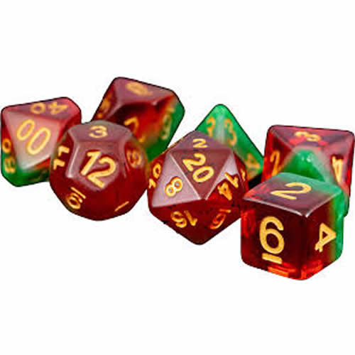 MET615 Watermelon Dice with Gold Numbers 16mm (5/8in) Acrylic 7 Dice Set (ONLINE ORDER ONLY)