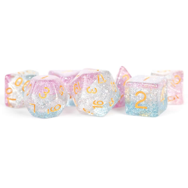 MET616 Unity Dice with Gold Numbers 16mm (5/8in) Resin 7 Dice Set (ONLINE ORDER ONLY)