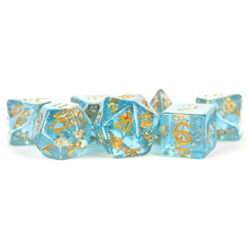 MET618 Blue with Gold Foil Dice with Gold Numbers 16mm (5/8in) Resin 7 Dice Set (ONLINE ORDER ONLY)