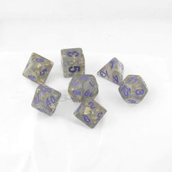 MET619 Grey with Gold Foil Dice with Purple Numbers 16mm (5/8in) Resin 7 Dice Set (ONLINE ORDER ONLY)