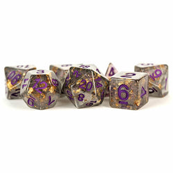MET619 Grey with Gold Foil Dice with Purple Numbers 16mm (5/8in) Resin 7 Dice Set (ONLINE ORDER ONLY)