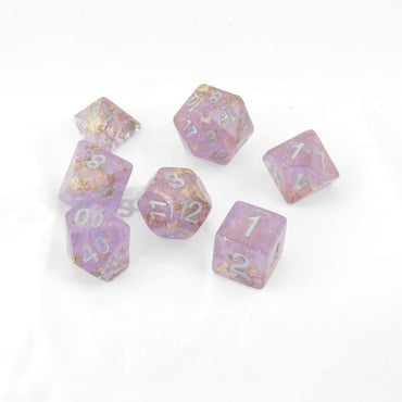 MET621 Purple with Gold Foil Dice with Gray Numbers 16mm (5/8in) Resin 7 Dice Set Metallic Dice Games (ONLINE ORDER ONLY)