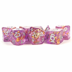 MET621 Purple with Gold Foil Dice with Gray Numbers 16mm (5/8in) Resin 7 Dice Set Metallic Dice Games (ONLINE ORDER ONLY)