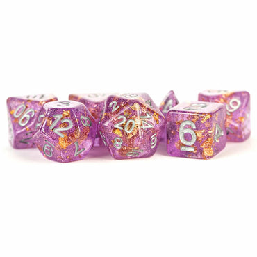 MET621 Purple with Gold Foil Dice with Gray Numbers 16mm (5/8in) Resin 7 Dice Set Metallic Dice Games (ONLINE ORDER ONLY)