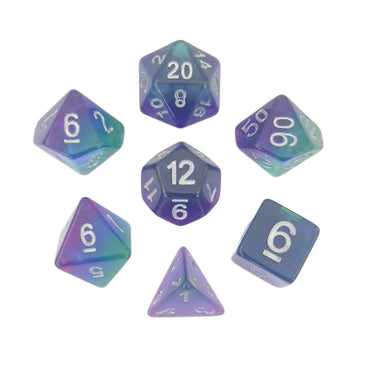 MET627 Blue Aurora with White Numbers Acrylic 16mm (5/8in) RPG 7 Dice Set (ONLINE ORDER ONLY)