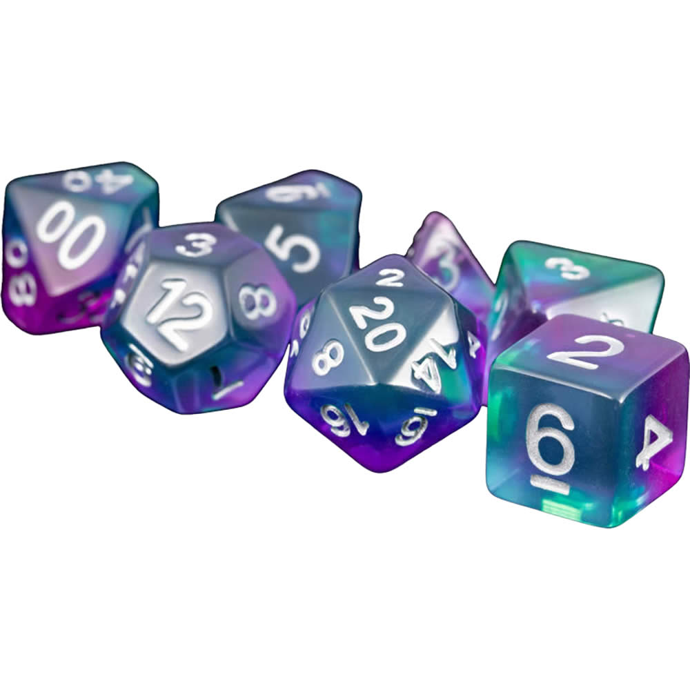 MET627 Blue Aurora with White Numbers Acrylic 16mm (5/8in) RPG 7 Dice Set (ONLINE ORDER ONLY)