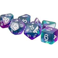 MET627 Blue Aurora with White Numbers Acrylic 16mm (5/8in) RPG 7 Dice Set (ONLINE ORDER ONLY)