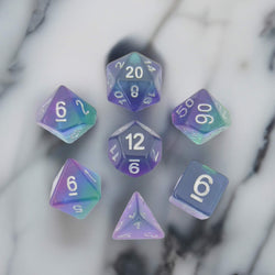 MET627 Blue Aurora with White Numbers Acrylic 16mm (5/8in) RPG 7 Dice Set (ONLINE ORDER ONLY)