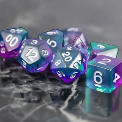 MET627 Blue Aurora with White Numbers Acrylic 16mm (5/8in) RPG 7 Dice Set (ONLINE ORDER ONLY)