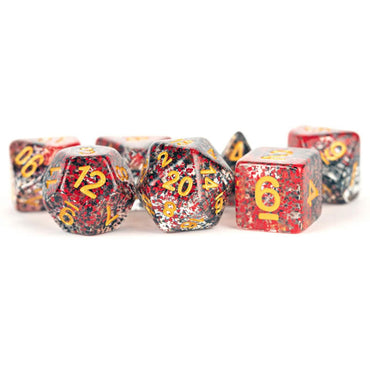 MET628 Red Black Particle Dice Gold Numbers Resin 16mm 7 Dice Set (ONLINE ORDER ONLY)