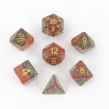 MET628 Red Black Particle Dice Gold Numbers Resin 16mm 7 Dice Set (ONLINE ORDER ONLY)