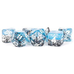 MET629 Blue Black Particle Dice White Numbers Resin 16mm 7 Dice Set (ONLINE ORDER ONLY)