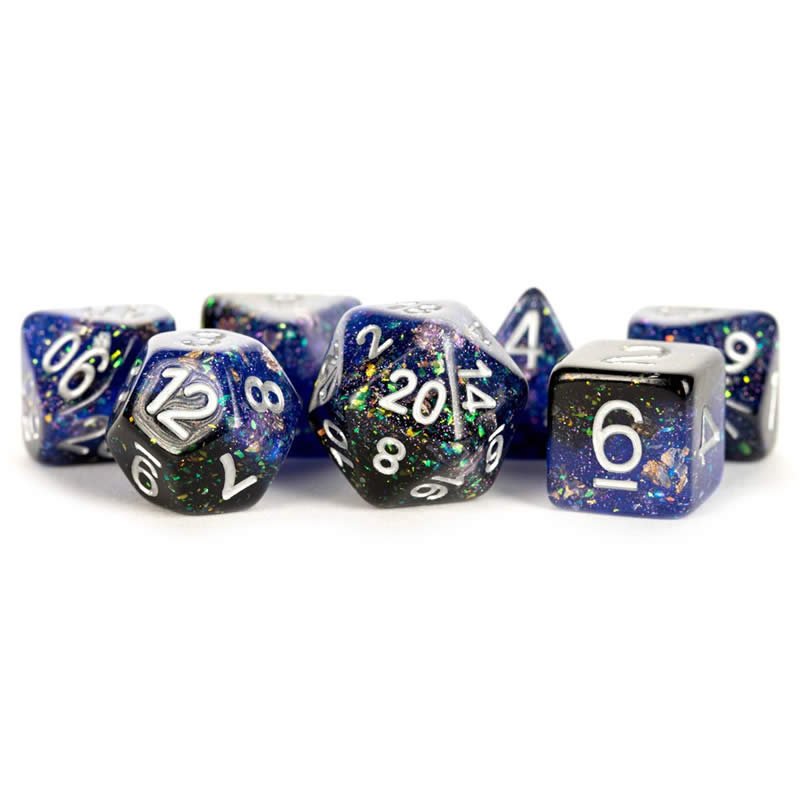 MET632 Blue and Black Eternal Resin with White Numbers 16mm (5/8in) 7 Dice Set (ONLINE ORDER ONLY)