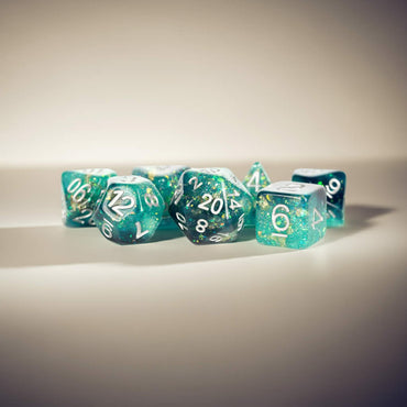 MET634 Teal and Black Eternal Resin Dice with White Numbers 16mm (5/8in) 7 Dice Set (ONLINE ORDER ONLY)