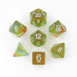 MET662 Yellow Aurora with White Numbers Acrylic 16mm (5/8in) 7 Dice Set Metallic Dice Games (ONLINE ORDER ONLY)