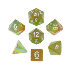 MET662 Yellow Aurora with White Numbers Acrylic 16mm (5/8in) 7 Dice Set Metallic Dice Games (ONLINE ORDER ONLY)