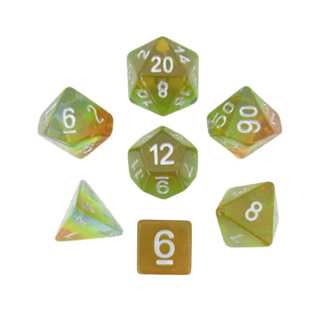 MET662 Yellow Aurora with White Numbers Acrylic 16mm (5/8in) 7 Dice Set Metallic Dice Games (ONLINE ORDER ONLY)