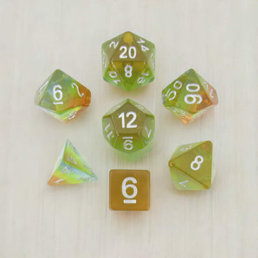MET662 Yellow Aurora with White Numbers Acrylic 16mm (5/8in) 7 Dice Set Metallic Dice Games (ONLINE ORDER ONLY)